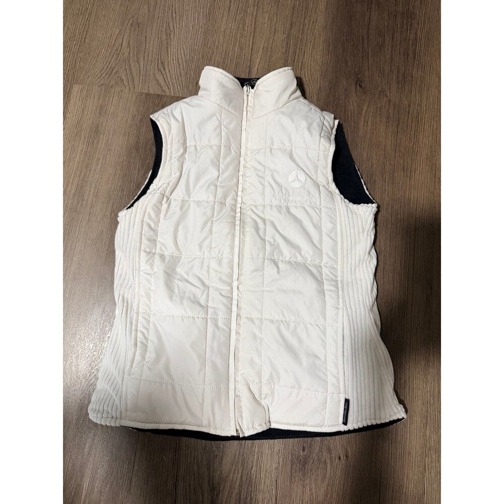 Mercedes-Benz White Quilted Puffer Vest Full Zip Stand Collar Ribbed Sides Sz S